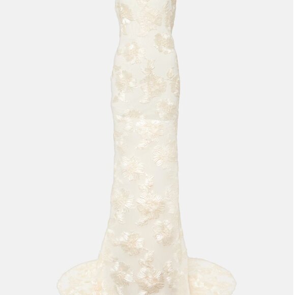 NWT ROTATE BIRGER CHRISTENSEN Bridal Alberty Floral-appliqué Mesh Gown In Egret - Picture 4 of 7